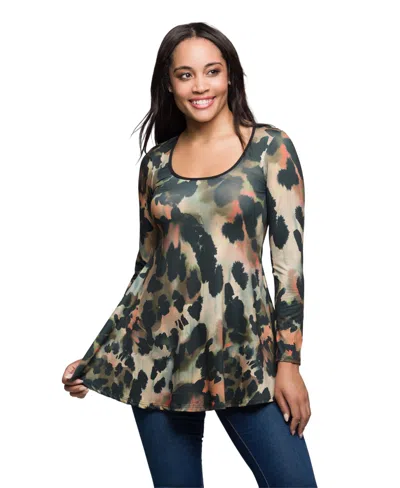 24SEVEN COMFORT APPAREL WOMEN'S MULTIPRINT LONG SLEEVE SCOOP NECK TOP