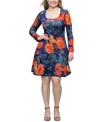 24seven Comfort Apparel Women's Navy Floral Print Long Sleeve Knee Length Dress In Navy Multi