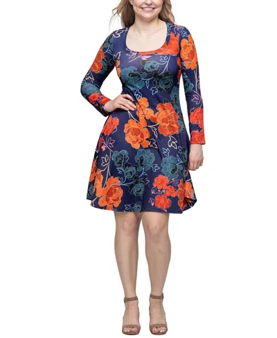 24seven Comfort Apparel Women's Navy Floral Print Long Sleeve Knee Length Dress In Navy Multi