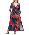 24seven Comfort Apparel Women's Navy Floral Print Long Sleeve Side Slit Maxi Dress In Navy Multi