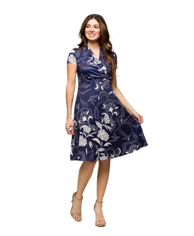 24SEVEN COMFORT APPAREL WOMEN'S NAVY PRINT SHORT SLEEVE KNEE LENGTH V NECK WRAP DRESS