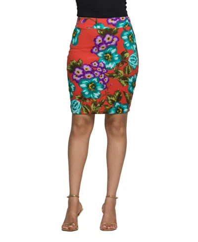 24SEVEN COMFORT APPAREL WOMEN'S ORANGE FLORAL PRINT KNEE LENGTH PENCIL SKIRT