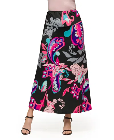 24seven Comfort Apparel Women's Paisley Elastic Waist A Line Maxi Skirt In Black