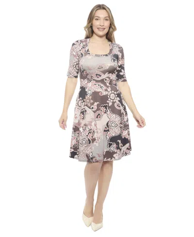 24seven Comfort Apparel Womens Paisley Scoop Neck Elbow Sleeve Knee Length A-line Flared Dress In Multi