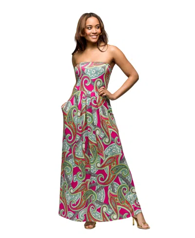 24SEVEN COMFORT APPAREL WOMEN'S PINK PAISLEY A LINE STRAPLESS MAXI DRESS WITH POCKETS