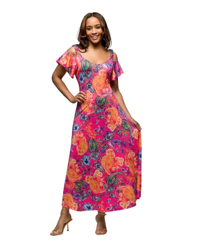 24SEVEN COMFORT APPAREL WOMEN'S PINK PAISLEY COLD SHOLDER RUFFLE SLEEVE A LINE MAXI DRESS