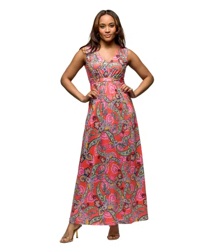 24SEVEN COMFORT APPAREL WOMEN'S PINK PAISLEY PRINT V NECK EMPIRE WAIST SLEEVELESS MAXI DRESS