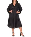 24seven Comfort Apparel Shimmer Pleated V-neck Empire Waist Bishop Sleeve Midi Dress In Black