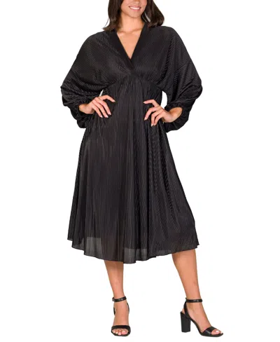 24seven Comfort Apparel Women's Pleated V Neck Empire Waist Midi Dress In Black