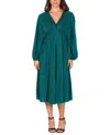 24seven Comfort Apparel Shimmer Pleated V-neck Empire Waist Bishop Sleeve Midi Dress In Green