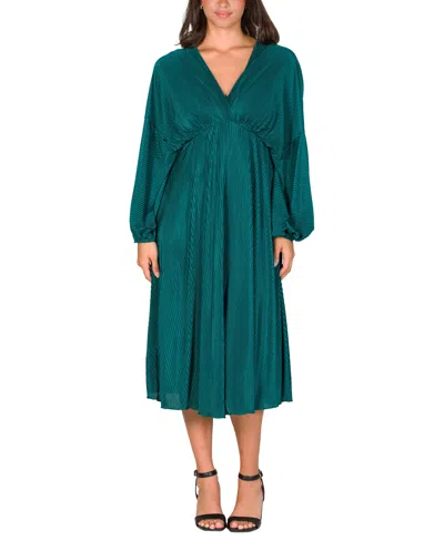 24seven Comfort Apparel Women's Pleated V Neck Empire Waist Midi Dress In Hunter