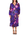 24seven Comfort Apparel Women's Pleated V Neck Empire Waist Midi Dress In Purple Multi