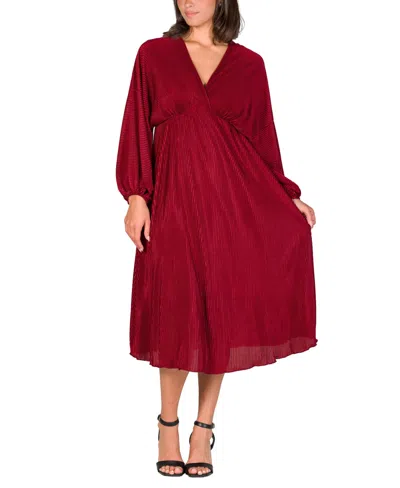 24seven Comfort Apparel Women's Pleated V Neck Empire Waist Midi Dress In Wine