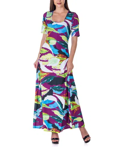 24seven Comfort Apparel Women's Print Elbow Sleeve Casual A Line Maxi Dress In Miscellane