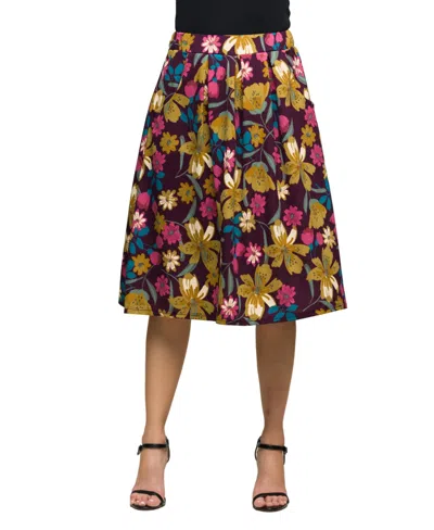 24SEVEN COMFORT APPAREL WOMEN'S PURPLE FLORAL ELASTIC WAIST POCKET MIDI SKIRT