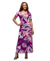 24seven Comfort Apparel Purple Floral Print Elbow Sleeve Casual A-line Maxi Dress In Pink Multi
