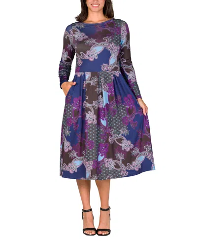 24seven Comfort Apparel Women's Purple Paisley Midi Length Long Sleeve Pocket Dress In Purple Multi