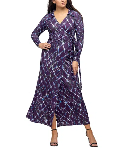 24seven Comfort Apparel Women's Purple Print Collared Wrap Maxi Dress In Purple Multi
