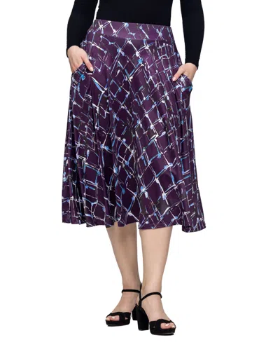 24seven Comfort Apparel Women's Purple Print Elastic Waist Pocket Midi Skirt In Purple Multi