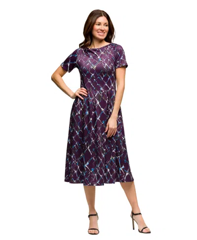 24SEVEN COMFORT APPAREL WOMEN'S PURPLE PRINT SHORT SLEEVE PLEATED FLARE MIDI POCKET DRESS