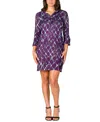24seven Comfort Apparel Women's Purple Print Three Quarter Sleeve Mini Dress In Purple Multi