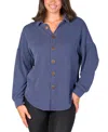 24seven Comfort Apparel Women's Ribbed Button Up Long Sleeve Collared Shirt Jacket In Blue