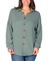 24seven Comfort Apparel Women's Ribbed Button Up Long Sleeve Collared Shirt Jacket In Green