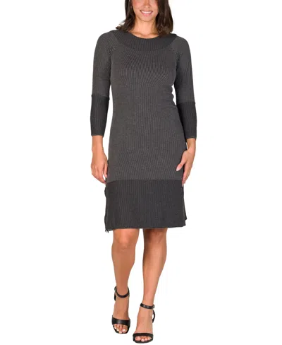 24seven Comfort Apparel Women's Ribbed Knit Long Sleeve Split Hem Sweater Dress In Black