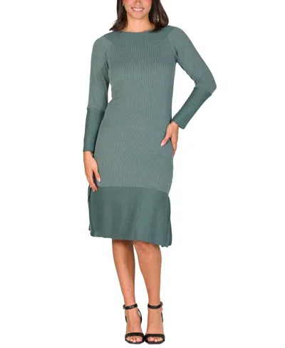 24seven Comfort Apparel Women's Ribbed Knit Long Sleeve Split Hem Sweater Dress In Green