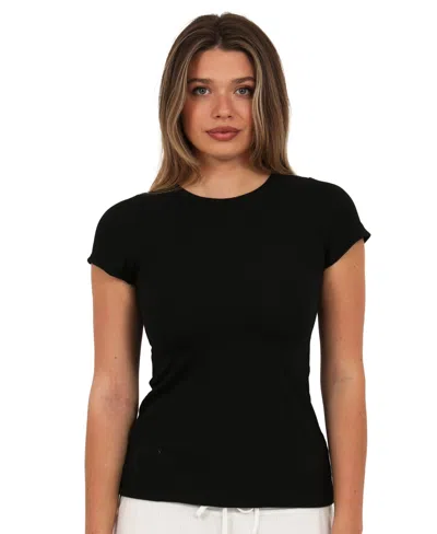 24seven Comfort Apparel Basic Ribbed Knit Round Neck Short Sleeve Top In Black