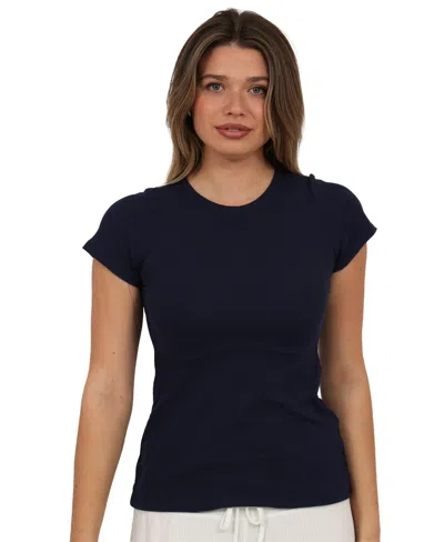 24seven Comfort Apparel Basic Ribbed Knit Round Neck Short Sleeve Top In Blue