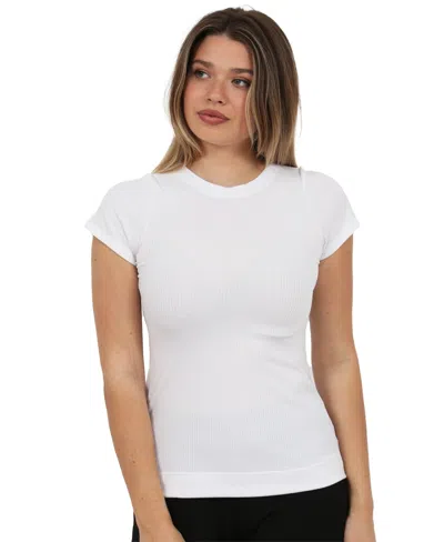 24seven Comfort Apparel Basic Ribbed Knit Round Neck Short Sleeve Top In White