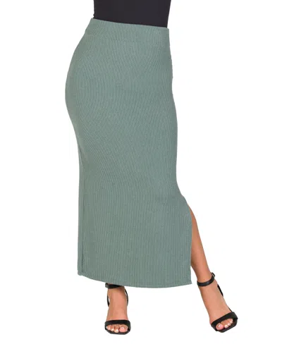 24seven Comfort Apparel Women's Ribbed Knit Side Slit Elastic Waist Maxi Skirt In Green