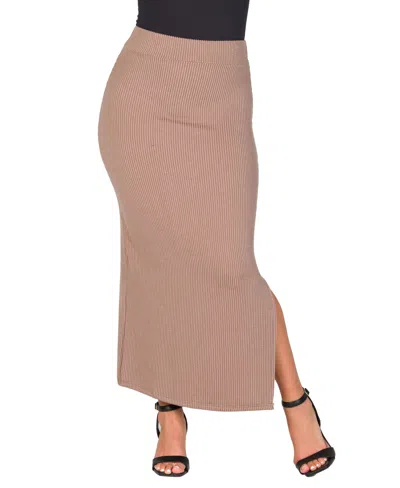 24seven Comfort Apparel Women's Ribbed Knit Side Slit Elastic Waist Maxi Skirt In Taupe