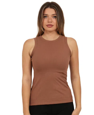 24seven Comfort Apparel Curvy Basic Ribbed Knit Round Neck Sleeveless Tank Top In Brown