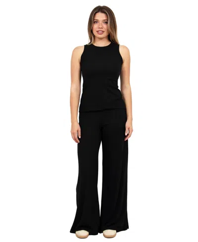 24seven Comfort Apparel Womens Basic Ribbed Knit Tank Top And Elastic Waist Wide Leg Pant Set In Black