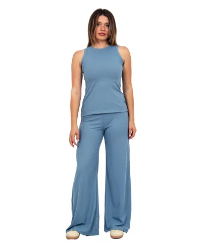 24seven Comfort Apparel Womens Basic Ribbed Knit Tank Top And Elastic Waist Wide Leg Pant Set In Blue