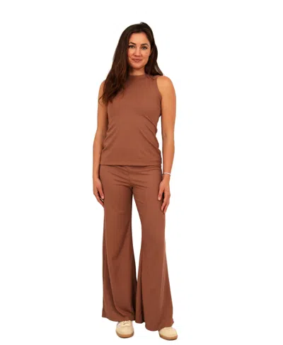 24seven Comfort Apparel Womens Basic Ribbed Knit Tank Top And Elastic Waist Wide Leg Pant Set In Brown