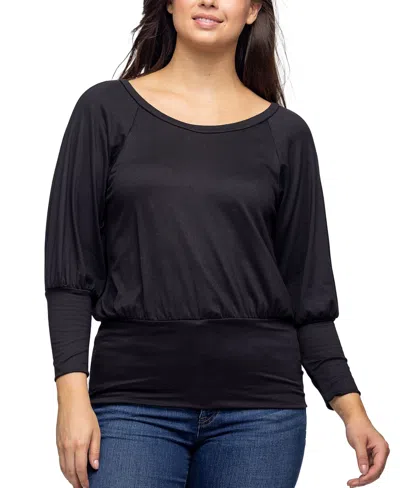 24seven Comfort Apparel Women's Round Neck Long Sleeve Banded Bottom Top In Black