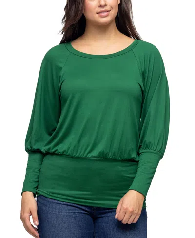 24seven Comfort Apparel Women's Round Neck Long Sleeve Banded Bottom Top In Emerald