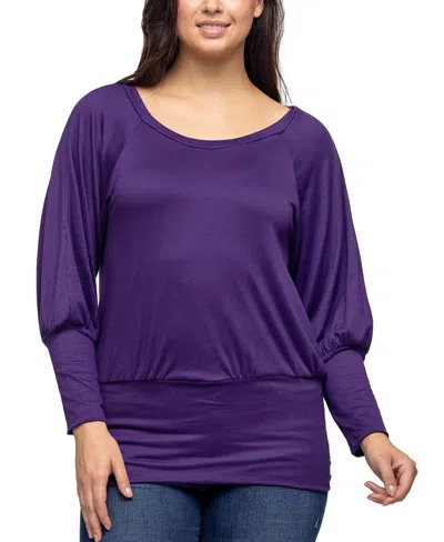 24seven Comfort Apparel Women's Round Neck Long Sleeve Banded Bottom Top In Purple
