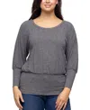 24seven Comfort Apparel Women's Round Neck Long Sleeve Banded Bottom Top In Smoke