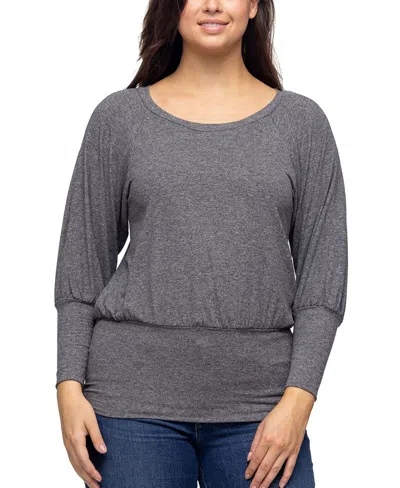 24seven Comfort Apparel Women's Round Neck Long Sleeve Banded Bottom Top In Smoke