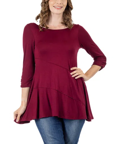 24seven Comfort Apparel Women's Ruched Sleeve Swing Tunic Top In Burgundy