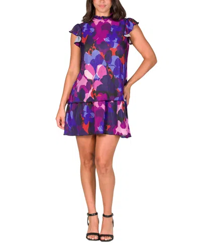 24SEVEN COMFORT APPAREL WOMEN'S RUFFLE CAP SLEEVE HIGH NECK MINI DRESS