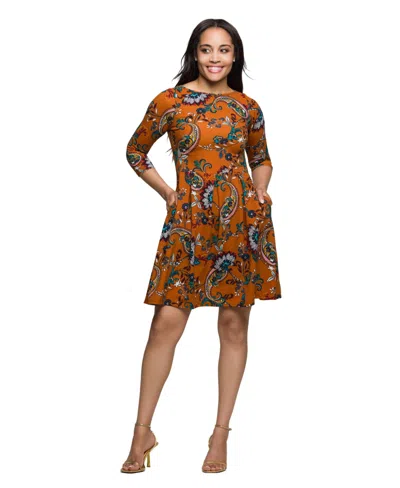 24seven Comfort Apparel Women's Rust Paisley Print Fit Flare Knee Length Dress In Multi