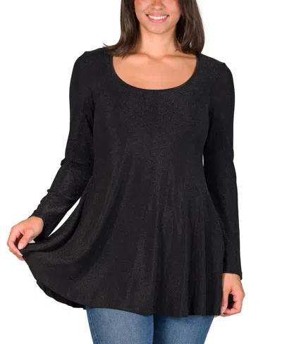 24seven Comfort Apparel Women's Scoop Neck Long Sleeve Shimmery Fabric Tunic Top In Black