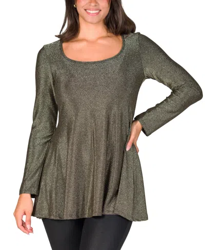 24seven Comfort Apparel Women's Scoop Neck Long Sleeve Shimmery Fabric Tunic Top In Gold