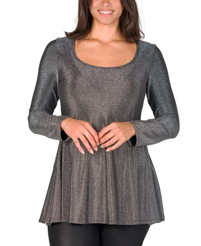 24seven Comfort Apparel Women's Scoop Neck Long Sleeve Shimmery Fabric Tunic Top In Sliver
