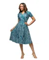 24seven Comfort Apparel Maternity Teal Print Short Sleeve Tie Waist Midi Dress In Blue